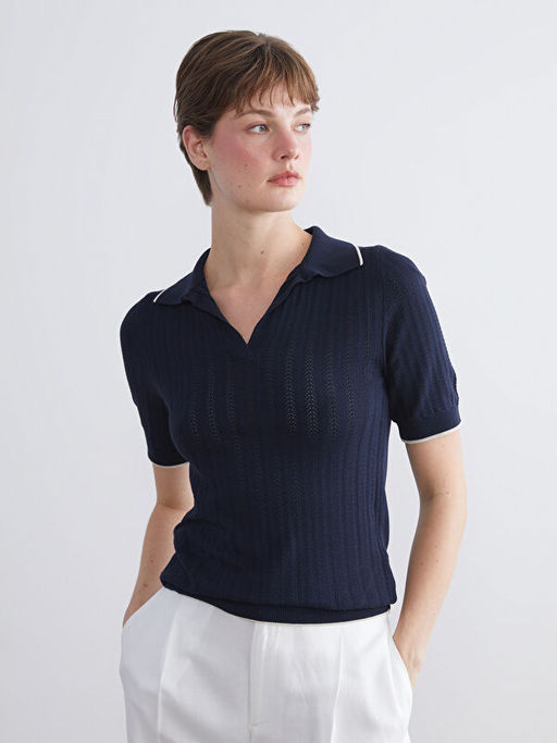 Polo Yaka Desenli Kad?n Triko Kazak