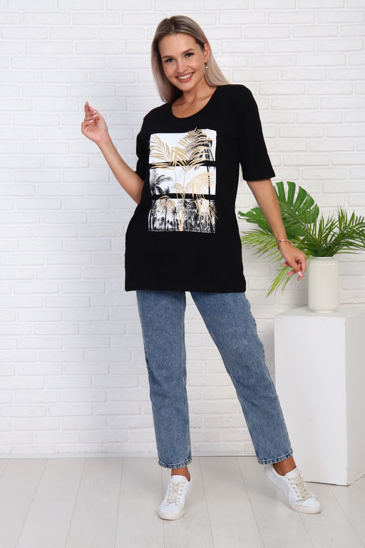 Футболка удлиненная с рисунком листья пальмы, Арт. 786