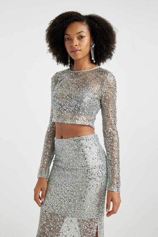 Футболка обычного кроя с круглым вырезом и длинными рукавами из ткани с пайетками - Defacto фото 5