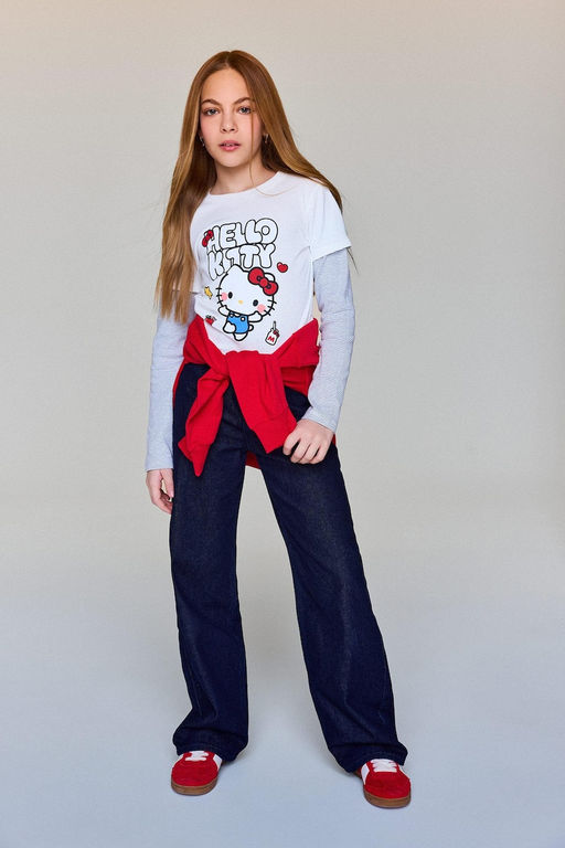 %100 Pamuk Hello Kitty Bisiklet Yaka Uzun Kollu Ti__rt K_z _ocuk - Defacto фото 2