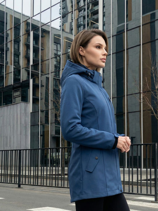 Парка женская софтшелл виндстоппер удлинённая с капюшоном синего цвета 9618_1S