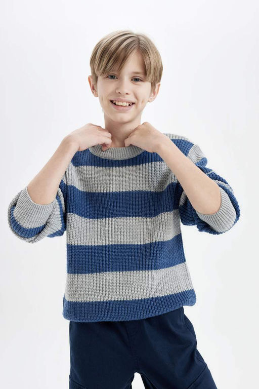Трикотажный свитер в полоску с круглым вырезом для мальчика - Defacto фото 4
