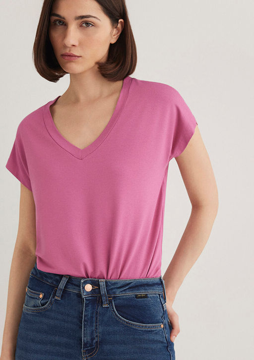 V Yaka Pembe Basic Viskoz Tisort - Mavi фото 3