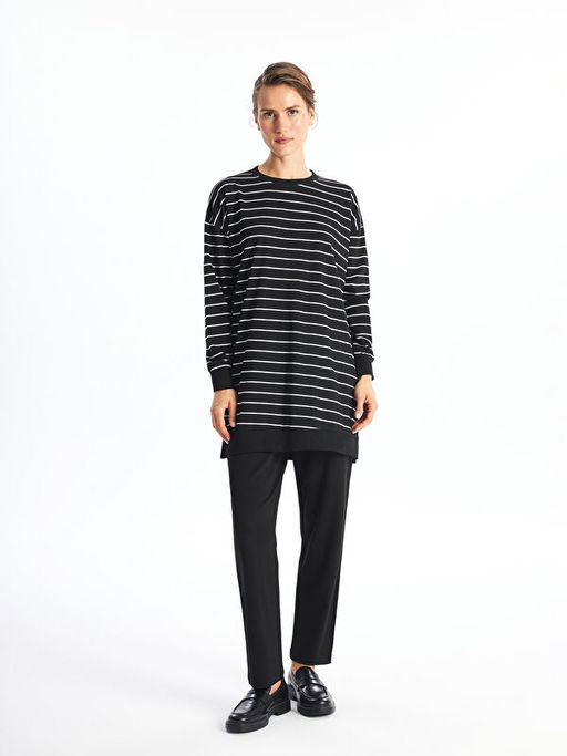 Bisiklet Yaka ?izgili Uzun Kollu Kad?n Sweatshirt