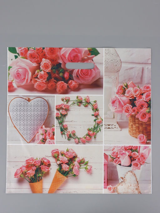 Цена за 50 шт. Пакет "Романтичная роза", полиэтиленовый с вырубной ручкой, 45 х 45 + 3 см, 65 мкм