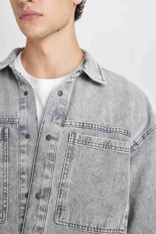 Джинсовая рубашка оверсайз с длинными рукавами - Defacto фото 7