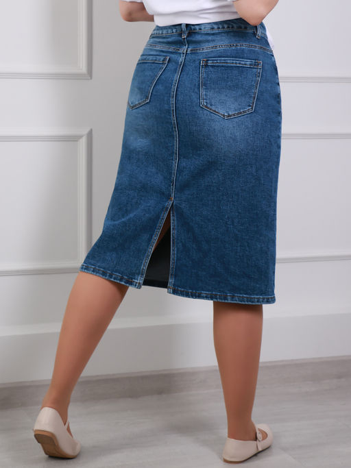 Юбка джинсовая миди прямая для полных - Almond фото 5