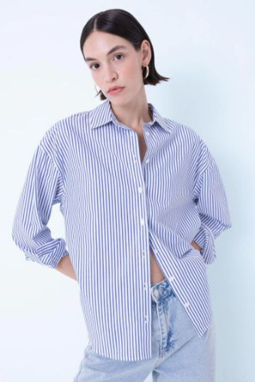Oversize Genis Kal?p Cizgili Poplin Uzun Kollu Gomlek