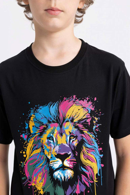 Футболка с короткими рукавами и круглым вырезом для мальчиков с принтом льва - Defacto фото 5