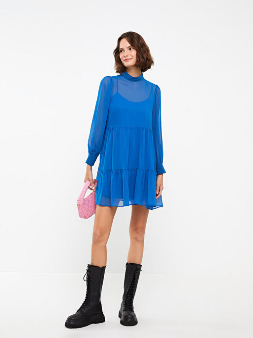 Dik Yaka D?z Uzun Kollu ?ifon Elbise