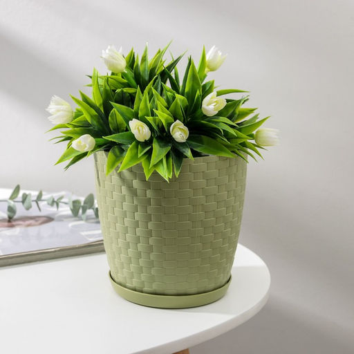 Цена за 2 шт. Горшок для цветов с поддоном «Петропласт. Ротанг», 2 л, пластиковый, оливковый