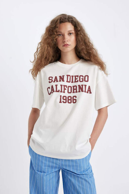 Широкая футболка Oversize с круглым вырезом и короткими рукавами с принтом - Defacto фото 4