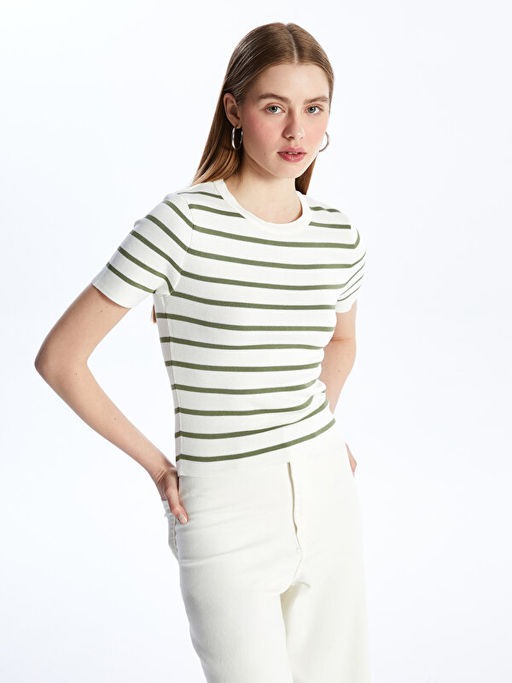 Bisiklet Yaka ?izgili K?sa Kollu Kad?n Triko Kazak