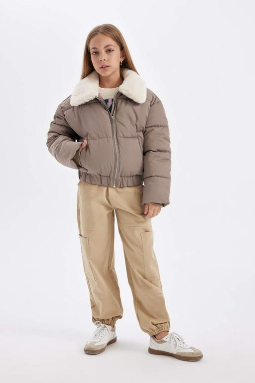 Пуховое пальто с воротником из искусственного меха для девочек, ветрозащитное пальто на молнии - Defacto фото 7