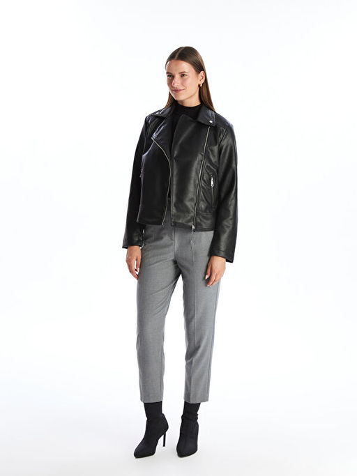 Biker Yaka Kad?n Deri G?r?n?ml? Ceket