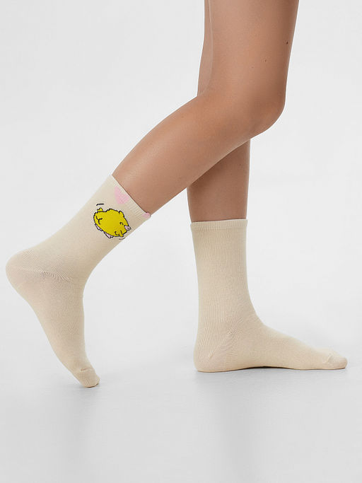 Цена за 5 пар! Носки детские бежевые с рисунком в виде цыпленка