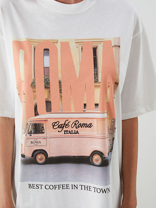 Bisiklet Yaka Roma Bask?l? Oversize Kad?n Ti??rt