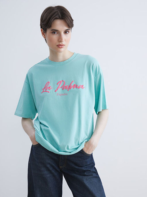 Bisiklet Yaka Bask?l? Oversize Kad?n Ti??rt