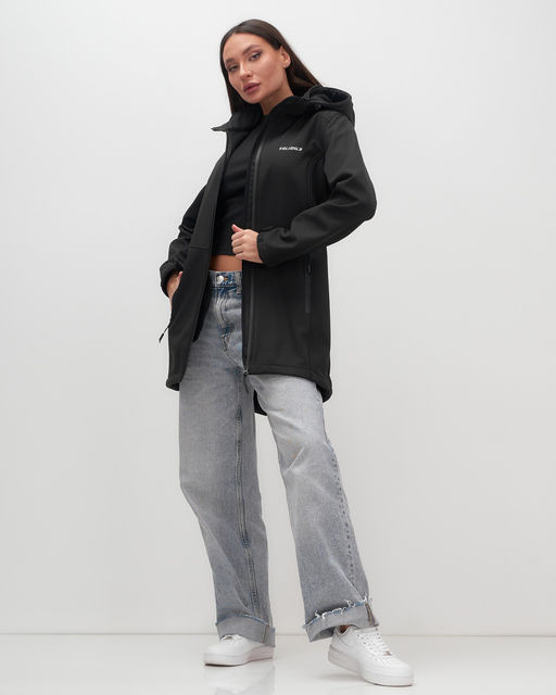 Парка спортивная женская с капюшоном softshell черного цвета 9568Ch