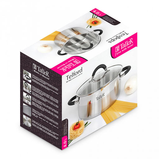 Кастрюля из нержавеющей стали "Ковентри" 4л, д22см, h11см, 0,6мм, дно s2,8мм, полировка внешняя комбинированная, внутренняя матовая, стеклянная жаропрочная крышка, обод крышки металлический, пароотвод, ручки с силиконовыми вставками, мерная шкала, цв