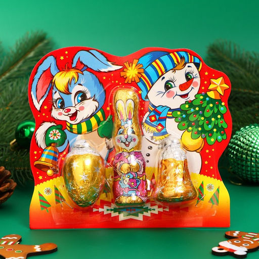 Новогодний набор фигурного шоколада Кролик с шишкой и колокольчиком, 48 г