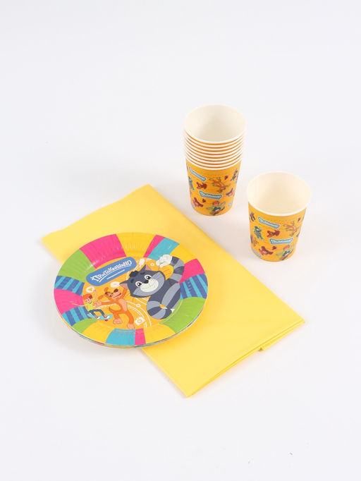 Посуда одноразовая бумажная на 10 персон «Простоквашино»: стаканы, тарелки, скатерть, Союзмультфильм