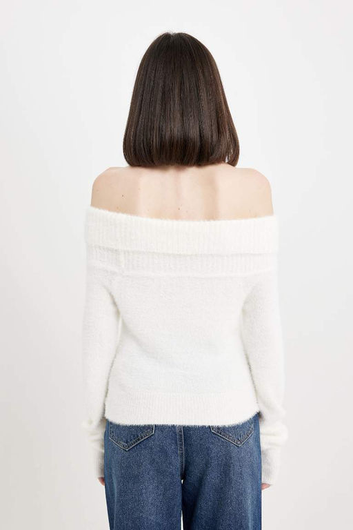 Базовый трикотажный свитер приталенного силуэта с открытыми плечами - Defacto фото 6