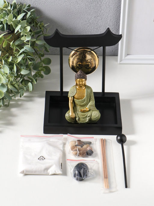 Сад Дзен "Будда в зелёном у гонга" песок+камни+аромапалочки 13,2х15х16 см