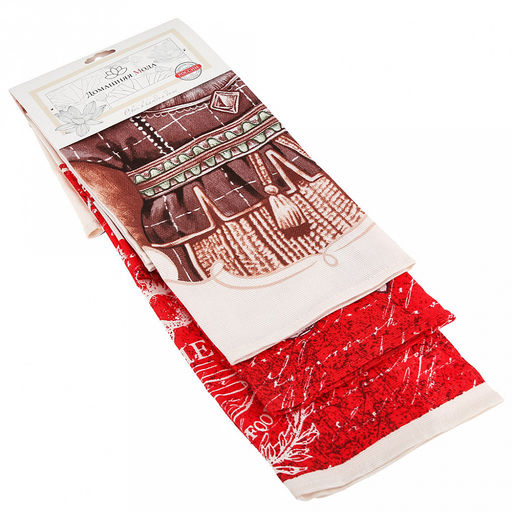 Полотенце кухонное 50х60см "Kitchen & Marfa", набор 3шт, рогожка 156г/м2, хлопок 100%, на картоне, "Домашняя мода" (Россия)