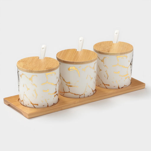 Банки с ложками на деревянной подставке Эстет. Gold, набор 3 шт.: 300 мл, керамика, белые - Simaland фото 7