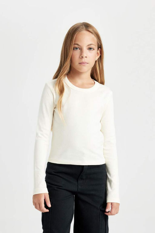 Укороченная рубашка с круглым вырезом для девочек, футболка в рубчик с принтом и длинными рукавами, состоящая из двух частей - Defacto фото 6