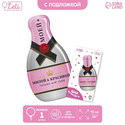 Цена за 2 шт. Воздушный шар фольгированный 36" «Шампанское», фигура, с подложкой