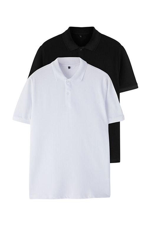 Siyah-Beyaz 2li Regular/Normal Kesim %100 Pamuklu Polo Yaka T-shirt - Trendyolmilla фото 2