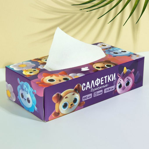 Салфетки бумажные в коробке Зверушки, 100 шт, двухслойные
