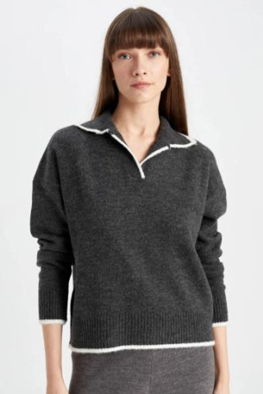 Regular Fit Yumusak Dokulu Polo Yaka Triko Kazak