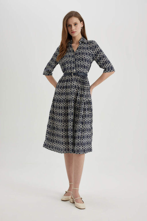 Платье миди с воротником-рубашкой и узором до половины рукава - Defacto фото 3