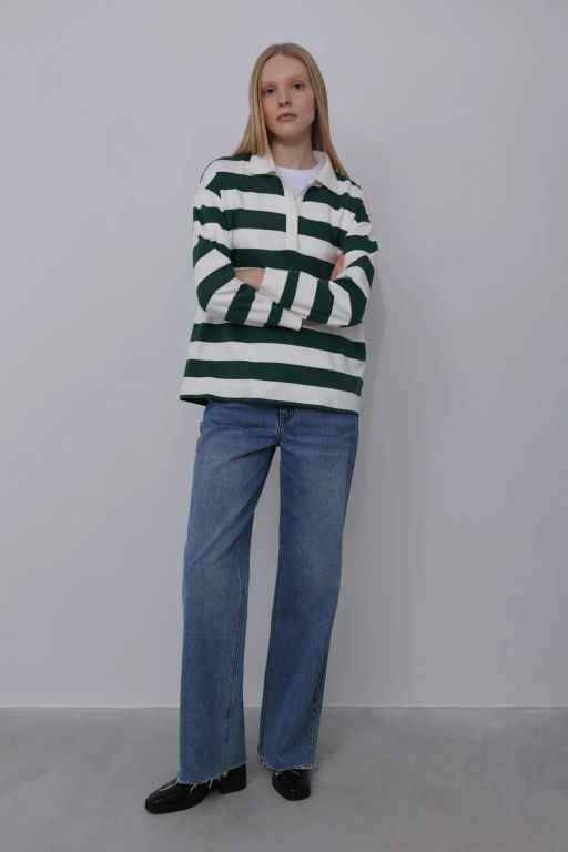 Блузка-поло в широкую горизонтальную бело-зеленую полоску - Incity фото 3