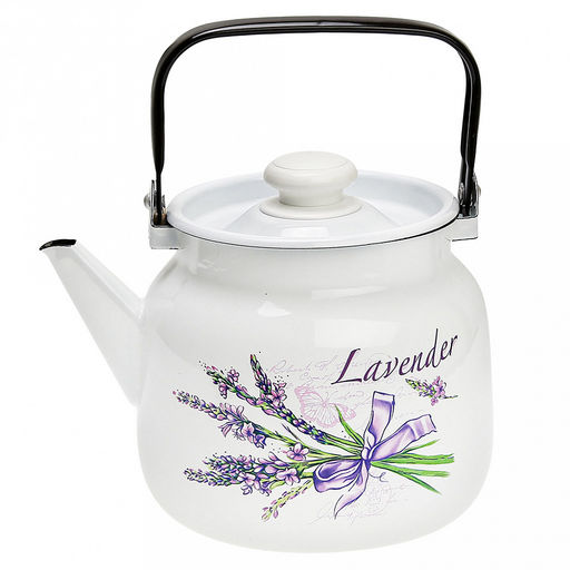 "Лаванда" Чайник эмалированный 3,5л, 3,5л, д19,4см, h16,2см, s0,08мм, двойной слой эмалевого покрытия, металлическая крышка с пластмассовой ручкой-кнопкой, металлическая подвижная ручка (Россия)