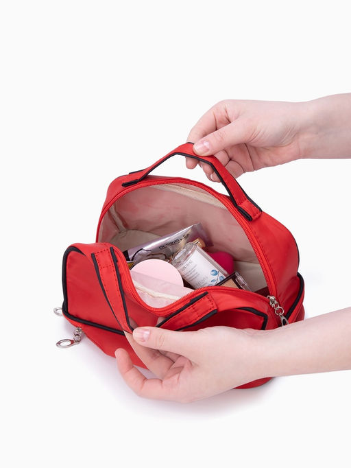 Косметичка-сундучок на молнии, с двумя отделами, с ручками, однотонная, красная