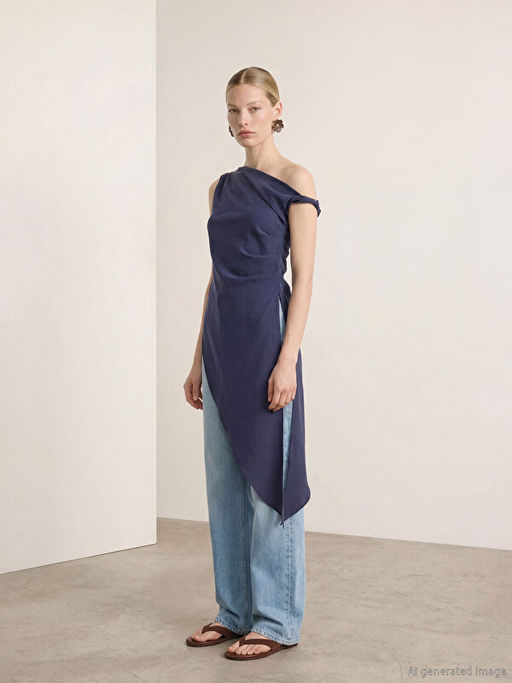 D?k?ml? Yaka Modal Kar???ml? Asimetrik Kesim Bluz