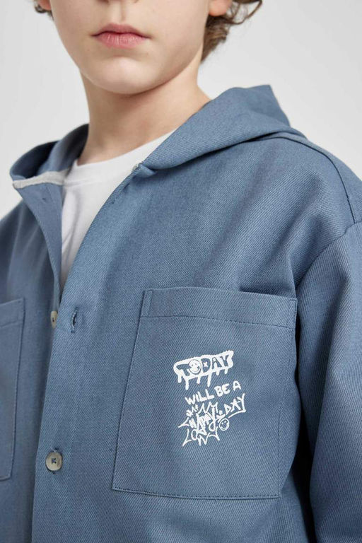 Рубашка из габардина с длинным рукавом и капюшоном для мальчика - Defacto фото 8