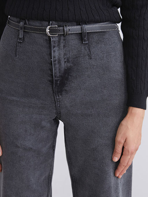 Beli Kemerli Wideleg Kad?n Jean Pantolon