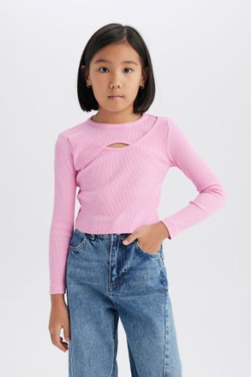 K?z Cocuk Regular Fit Bisiklet Yaka Fitilli Kaskorse Uzun Kollu Tisort