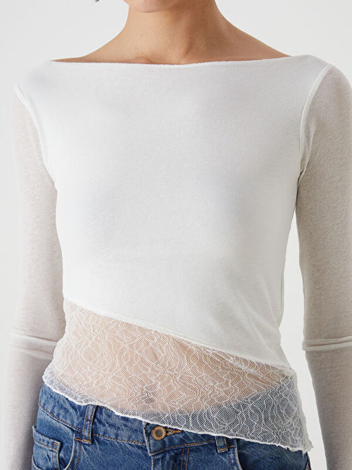 Kay?k Yaka Dantel Detayl? Kad?n Bluz