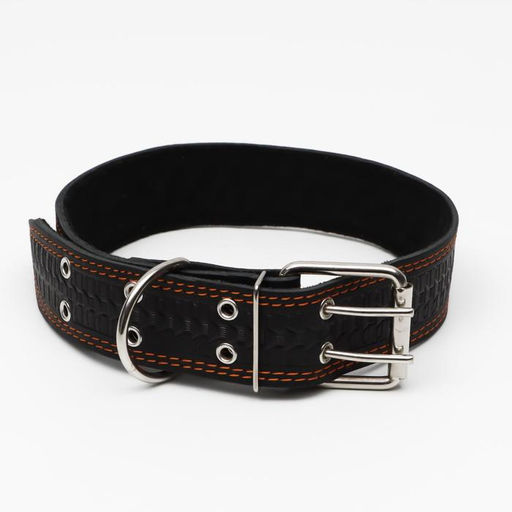 Ошейник кожаный с тиснением на синтепоне, 85 х 4.5 см, ОШ 50-70 см, чёрный - Пижон фото 2