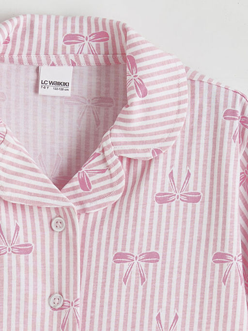 G?mlek Yaka Fiyonk Desenli K?z ?ocuk ?ortlu Pijama Tak?m?