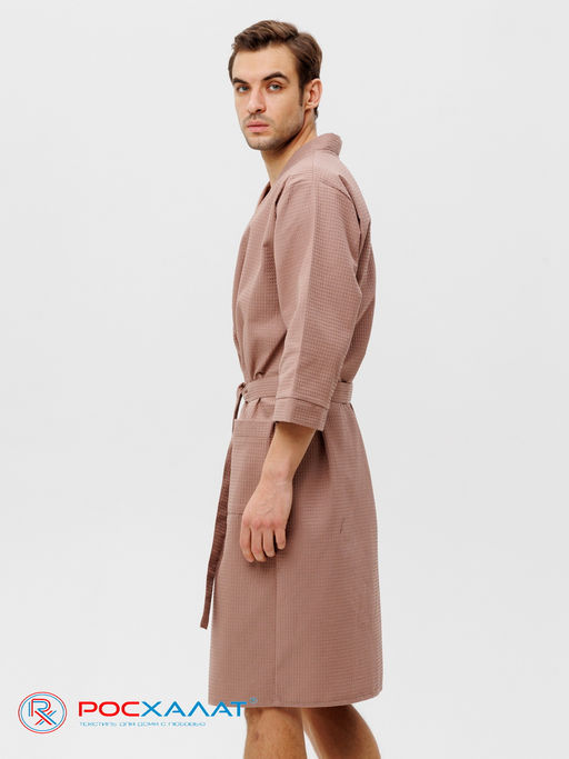 Мужской укороченный вафельный халат с планкой коричневый В-05 (21)