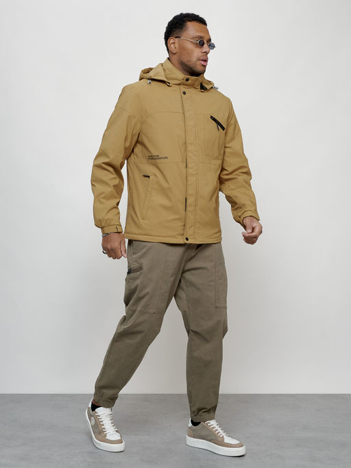 Куртка спортивная мужская весенняя с капюшоном бежевого цвета 88021B