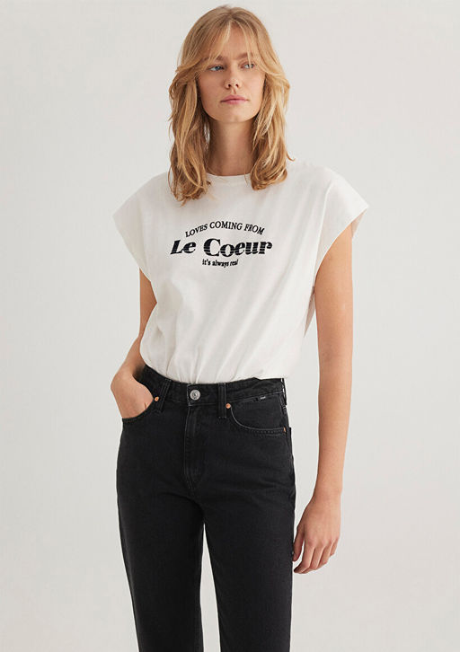 Bask?l? Beyaz Tisort - Mavi фото 2