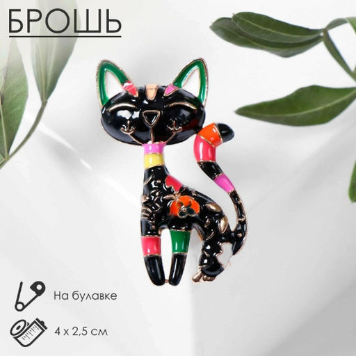 Брошь «Кошка», расписная, чёрная в золоте